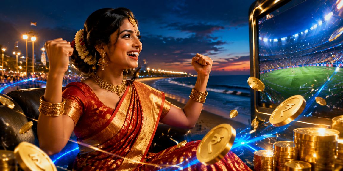 A woman at Chennai Marina Beach enjoying sports betting on mobile